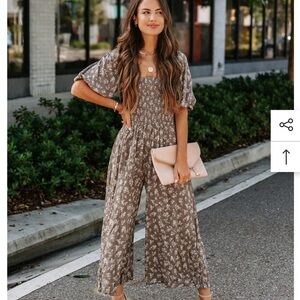 VICI Evelynn Floral Smocked Pocketed Jumpsuit